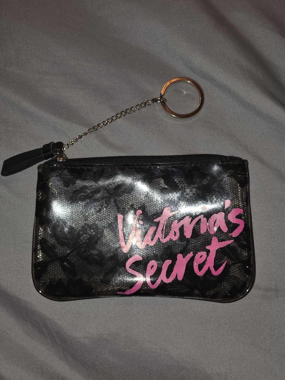 Victoria's Secret Black and Pink Logo Lace Wristlet Pouch Keychain